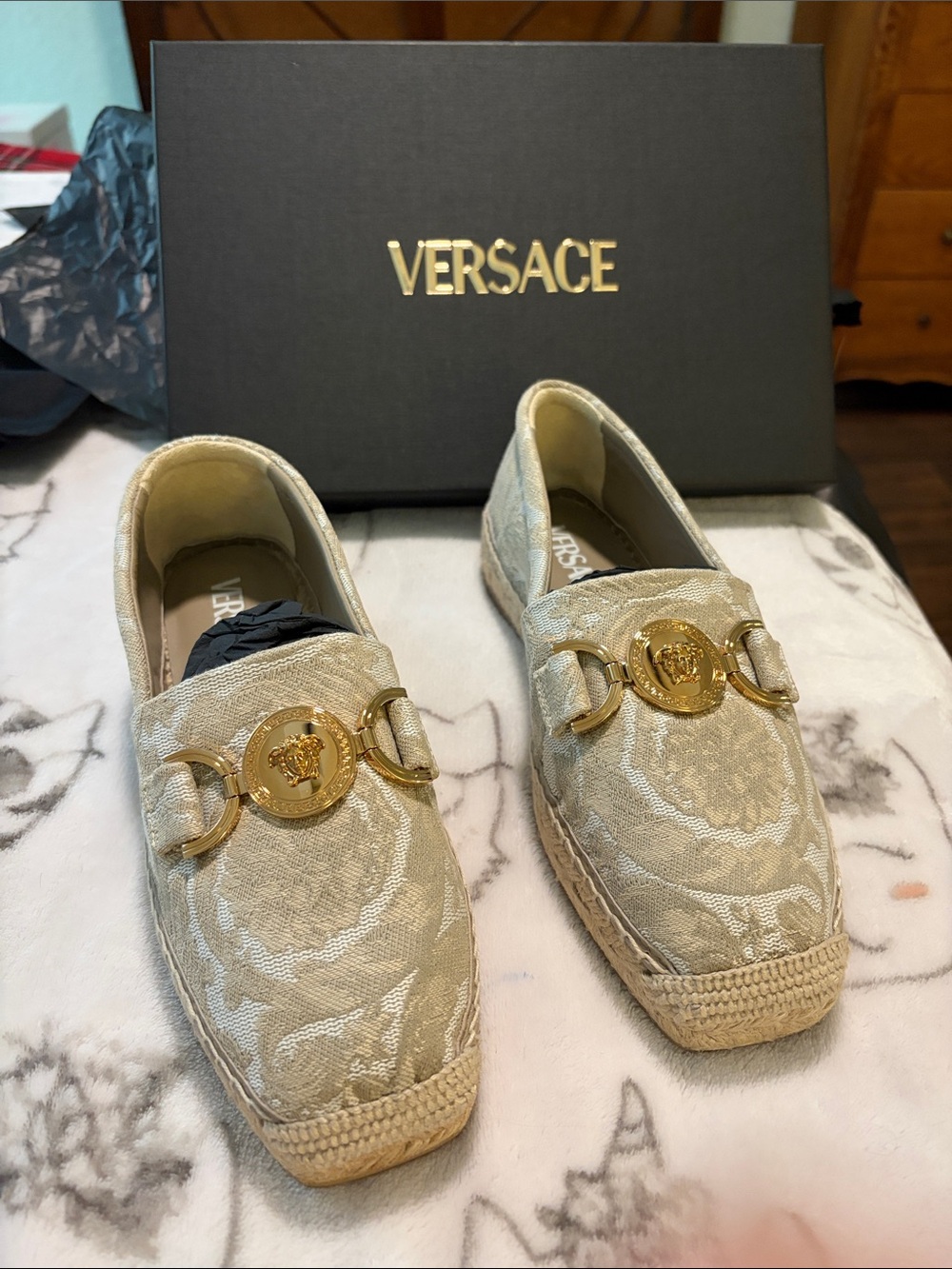 Versace Beige Jacquard Medusa Horsebit Loafers